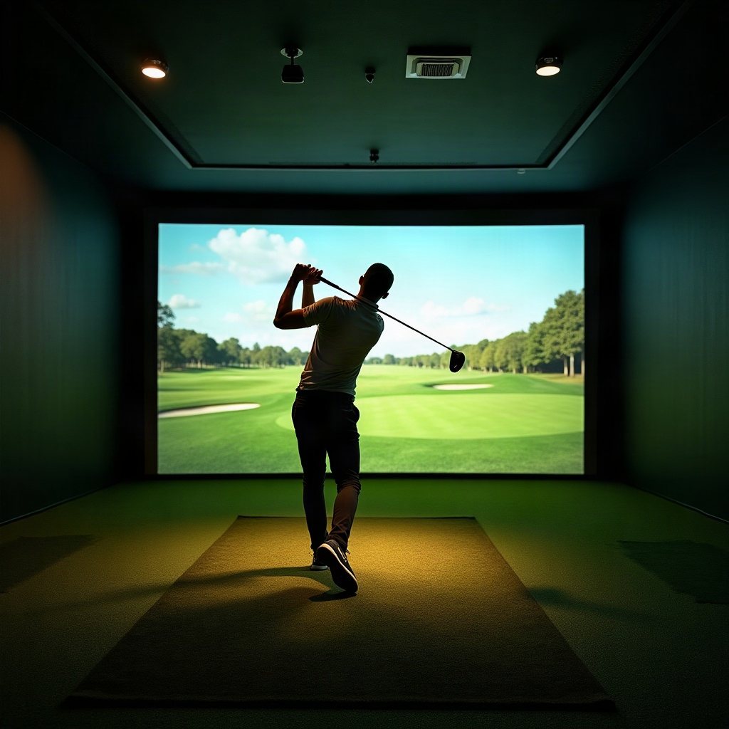 Golfer mid-swing inside a golf simulator bay